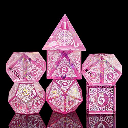 Cusdie 7Piece Polyhedral DND Dice Set with Sharp Edges Handcrafted Dice Featuring RuneInspired Designs for Role Playing Games Pink - Image 1