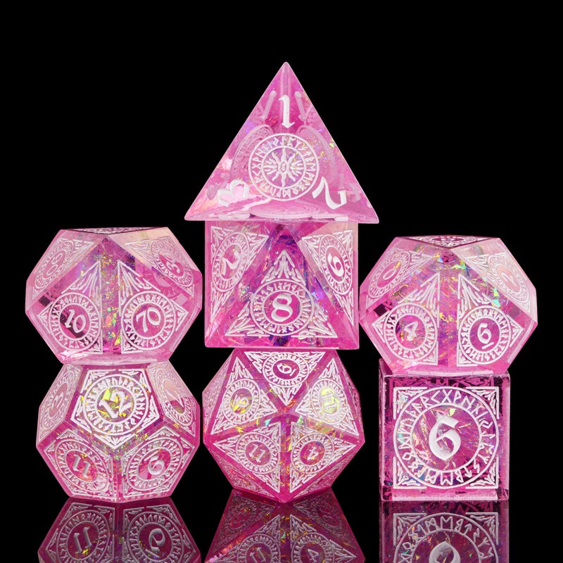 Cusdie 7Piece Polyhedral DND Dice Set with Sharp Edges Handcrafted Dice Featuring RuneInspired Designs for Role Playing Games Pink - Image 3