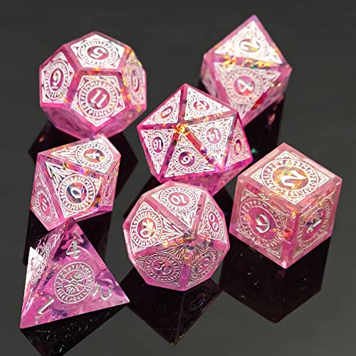 Cusdie 7Piece Polyhedral DND Dice Set with Sharp Edges Handcrafted Dice Featuring RuneInspired Designs for Role Playing Games Pink - Image 5