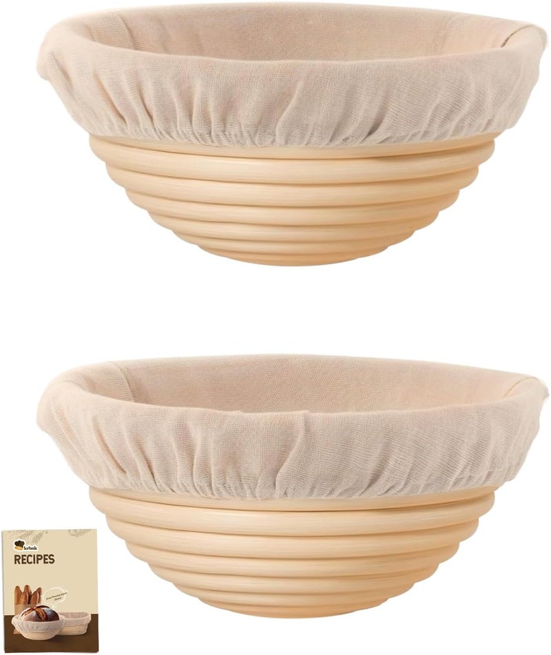 Banneton Bread Proofing Basket, Proofing Basket for Sourdough Bread Baking, Indonesian Rattan Bread Bowl Sourdough bread Baking Supplies with Linen Liner (7" Round Basket x 2) - Image 1