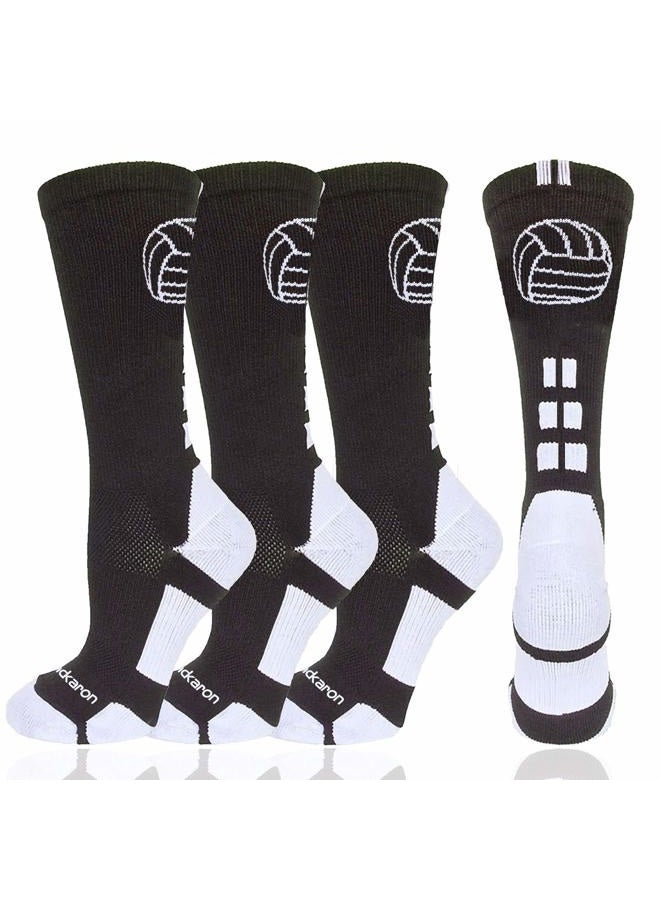 Londkaron Volleyball Socks (2 Pairs) with Volleyball Logo, Soft Mid Calf Crew Socks (Black/White, Small) - Image 1