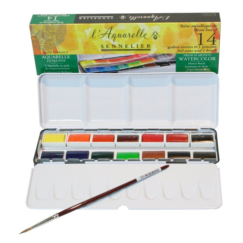SENNELIER Sennelier  LAquarelle Professional Watercolor Paint Set 14 Full Pans with Portable Metal Palette Box  Master Artist Grade High Honey Content 