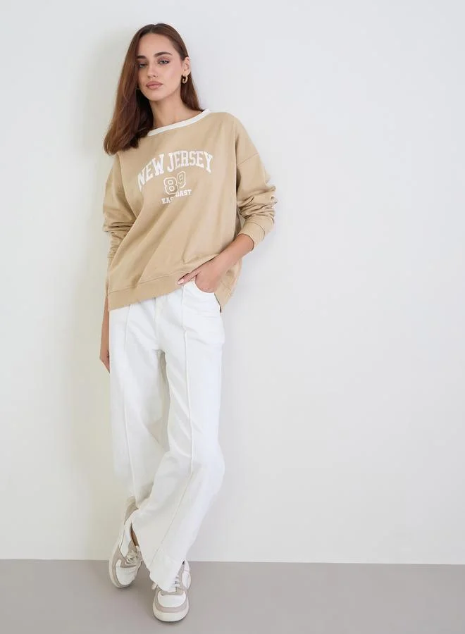 Styli Styli Tan Graphic Print Oversized Sweatshirt