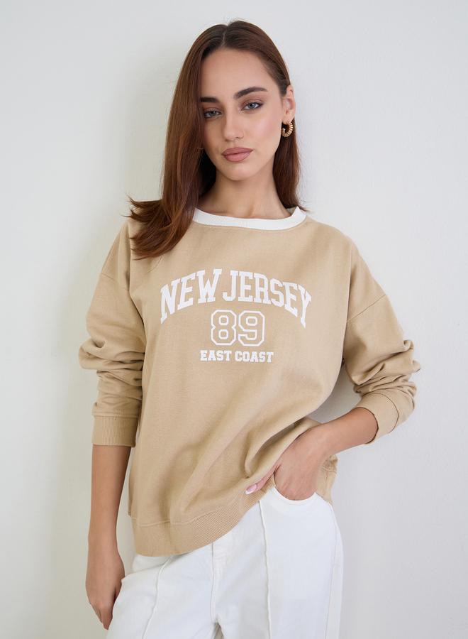 Styli Tan Graphic Print Oversized Sweatshirt - Image 1