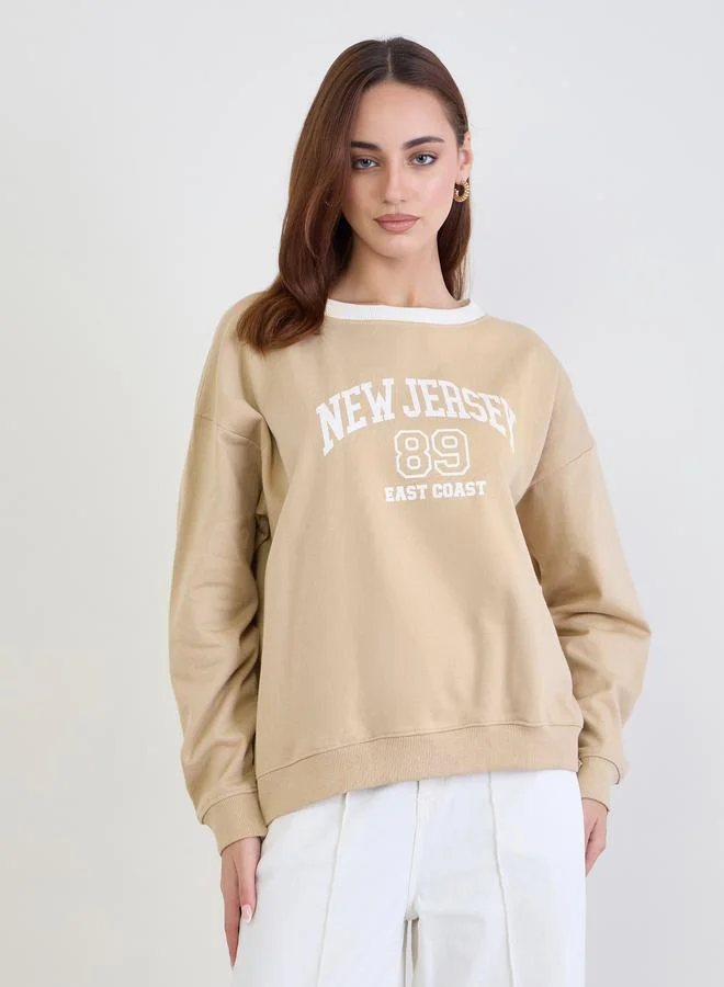 Styli Styli Tan Graphic Print Oversized Sweatshirt