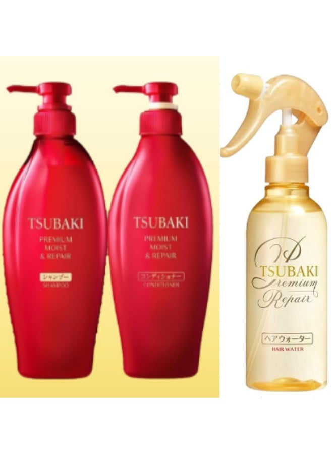تسوكابي TSUBAKI التعبئة والتغليف الجديد رطبة إصلاح الشامبو والمكيف 450 مل، أوشيما تشونشان كاميليا طبيعي اختراق إصلاح رش الشعر 210 مل، حزمة من 3 - Image 1