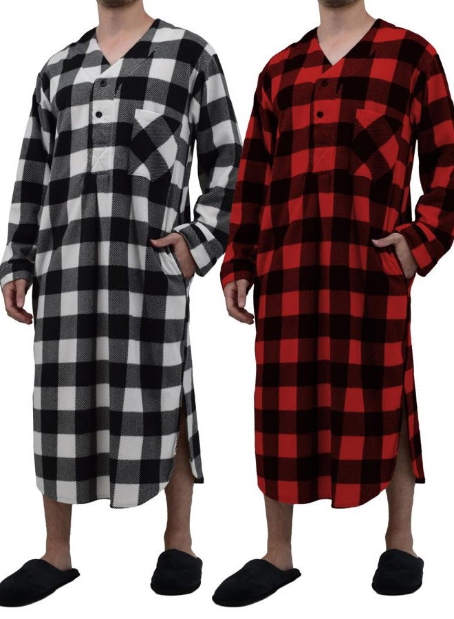 Andrew Scott Men's Plush Polar Fleece Long Nightshirt | Warm & Soft Henley Collar Sleep Lounge Shirt | Multi Packs, 2 Pack- Buffalo White Check | Buffalo Red Check, S - Image 1