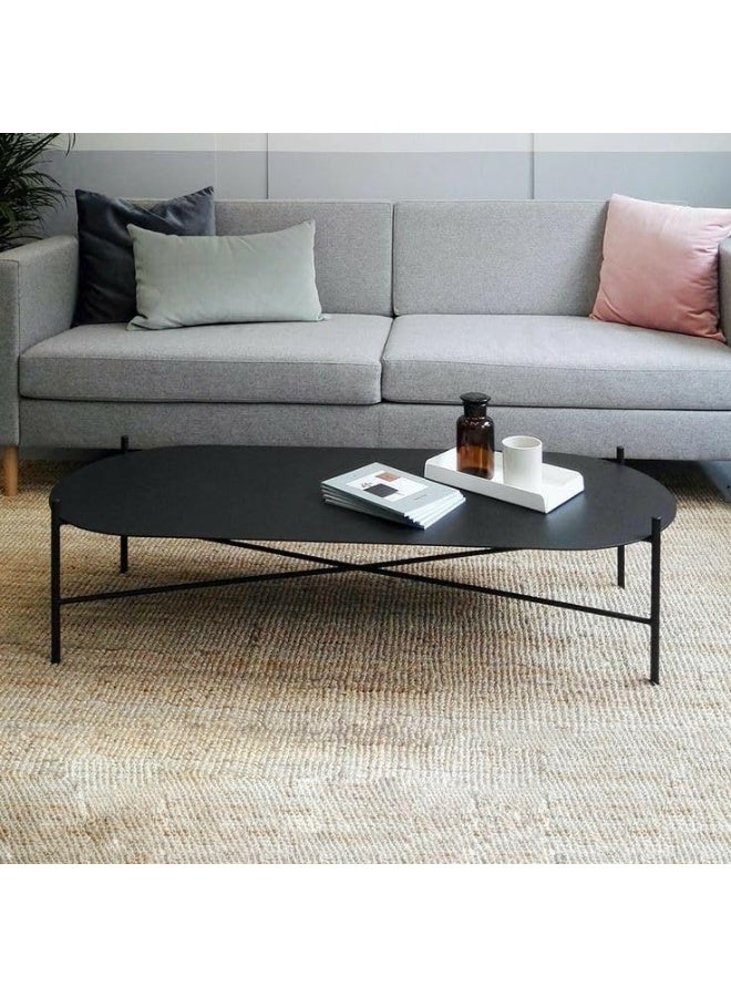Modern Oval Coffee Table with Black Wood Top, Industrial Center Table for Living Room and Office, Minimalist Furniture with Reinforced Metal Frame (110 x 50 x 45 cm)
