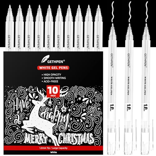 GETHPEN White Gel Pen Set, 10 Pack 1.0mm White Gel Ink Pen, Art Liner Drawing Pens for Black Dark Paper for Drawing & Sketching - Image 1