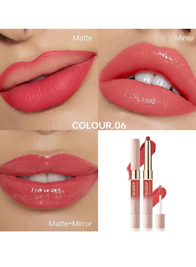 بوداير محدد شفاه و أحمر شفاه سائل لامع، أحمر شفاه مطفي مزدوج الطرف ومرآة لمعان الشفاه، ملمسان في منتج واحد لصبغة الشفاه، لا يلتصق بالكوب، مخملي ناعم، طويل الأمد، مقاوم للتلطيخ، شديد اللون - 06 # طلاء القطن - Image 2