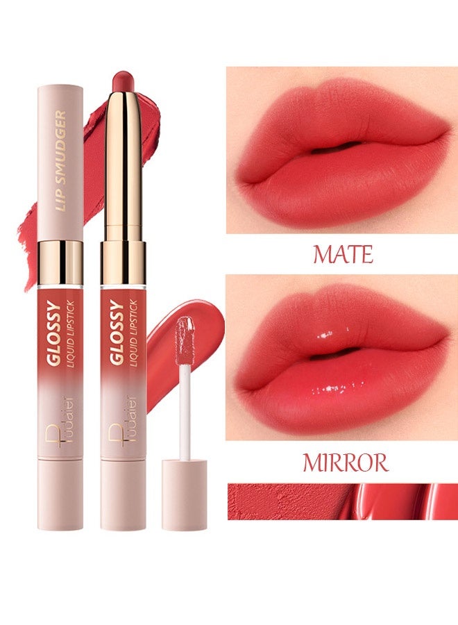 بوداير محدد شفاه و أحمر شفاه سائل لامع، أحمر شفاه مطفي مزدوج الطرف ومرآة لمعان الشفاه، ملمسان في منتج واحد لصبغة الشفاه، لا يلتصق بالكوب، مخملي ناعم، طويل الأمد، مقاوم للتلطيخ، شديد اللون - 06 # طلاء القطن - Image 1