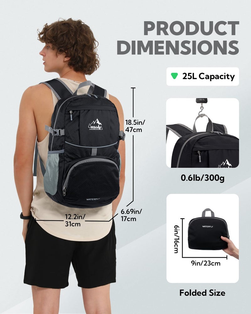 WATERFLY Hiking Packable Daypack Backpack: 25L Ultra Lightweight Day Pack for Woman Man - Small Compact Folding Back Pack for Outdoor Sport Cycling Camping Travel Trip - Black - Image 2