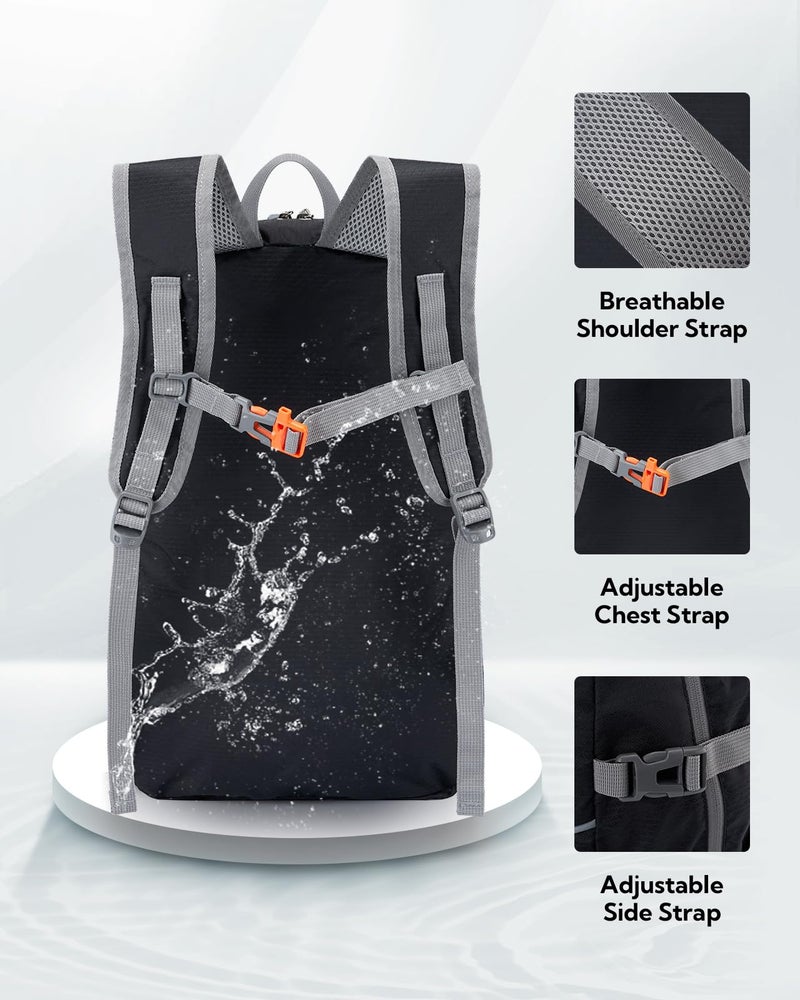 WATERFLY Hiking Packable Daypack Backpack: 25L Ultra Lightweight Day Pack for Woman Man - Small Compact Folding Back Pack for Outdoor Sport Cycling Camping Travel Trip - Black - Image 4