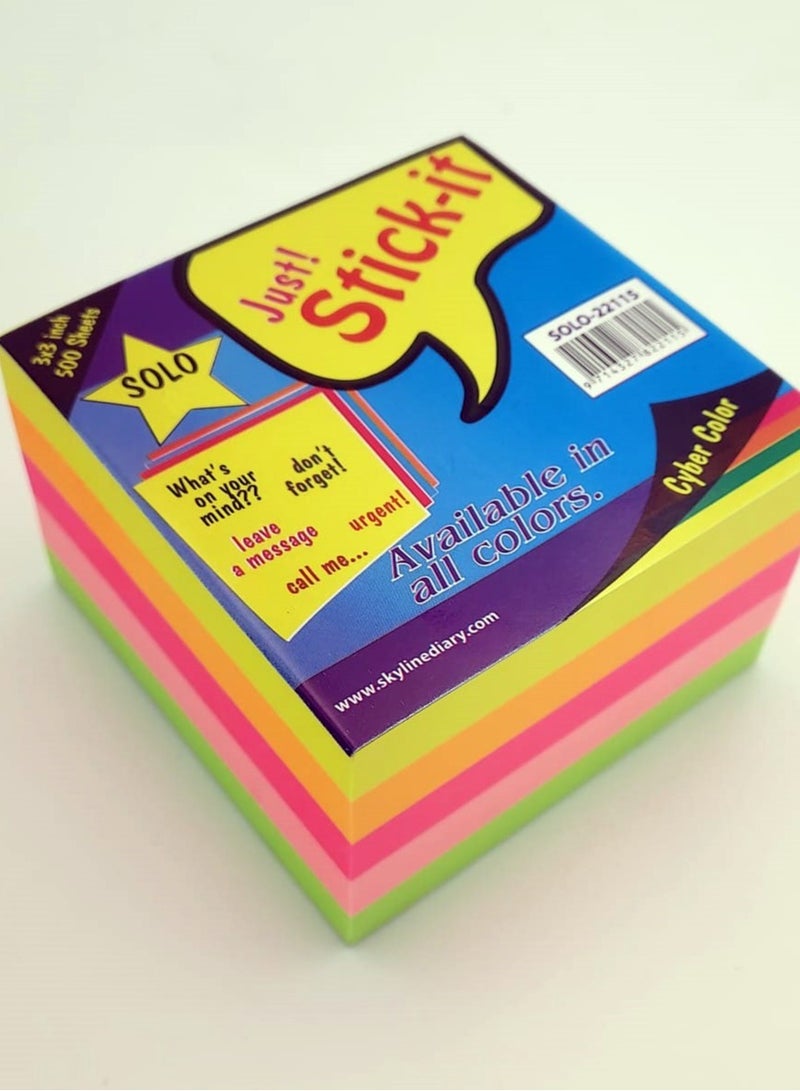 Solo 3 Pcs of Solo Self Adhesive 3"x3"  Sticky Notes 500 Sheet Neon Color - Image 3