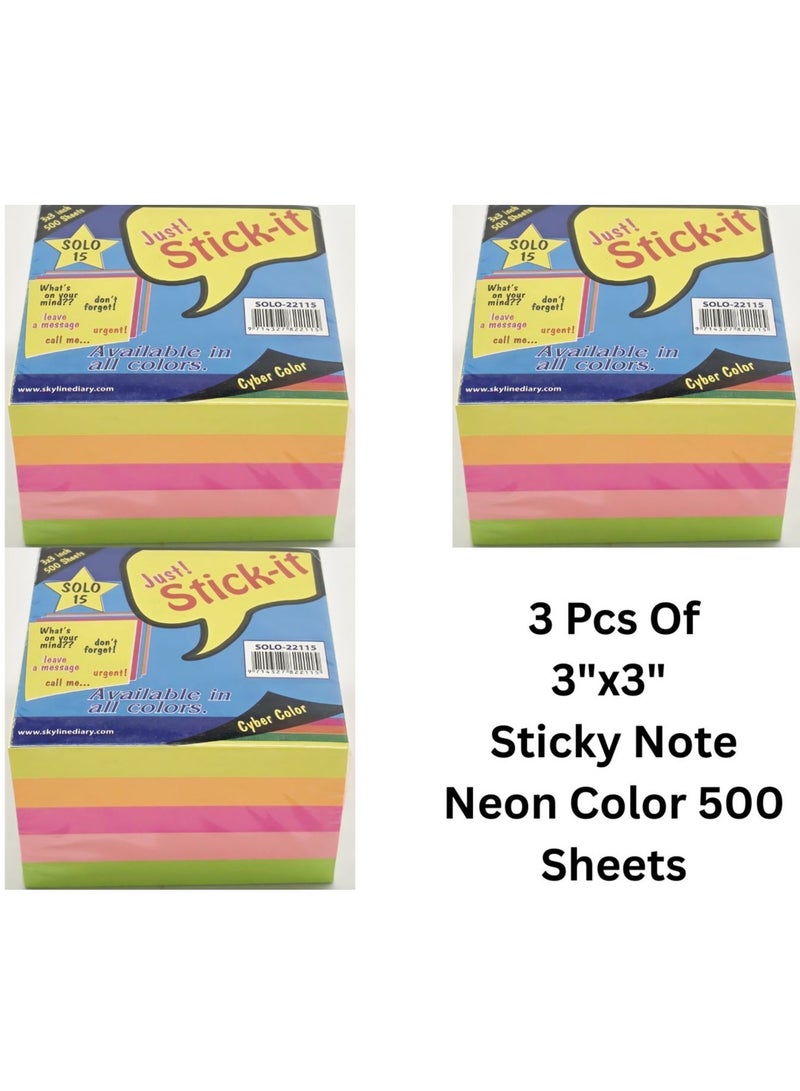 Solo 3 Pcs of Solo Self Adhesive 3"x3"  Sticky Notes 500 Sheet Neon Color - Image 1