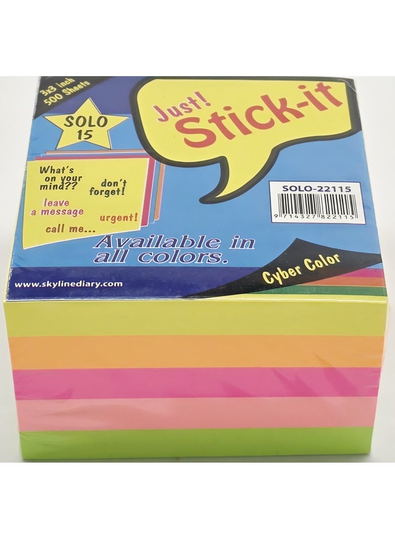 Solo 3 Pcs of Solo Self Adhesive 3"x3"  Sticky Notes 500 Sheet Neon Color - Image 2
