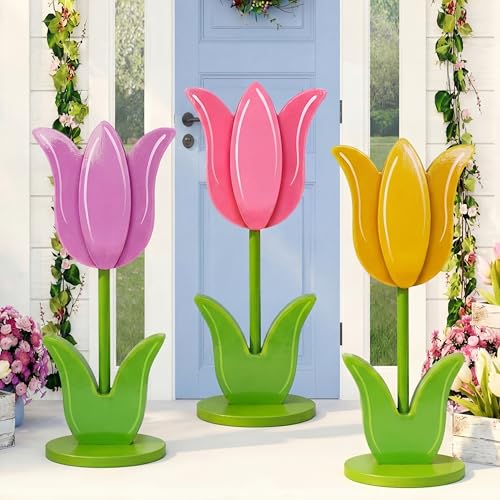 Vercraft 3 Pcs Large Spring Porch Decorations Wooden Tulip Yard Signs Outdoor Spring Decorations Tulip Flower Block Sign for Holiday Front Home Door Outdoor 1575 Inch - Image 1