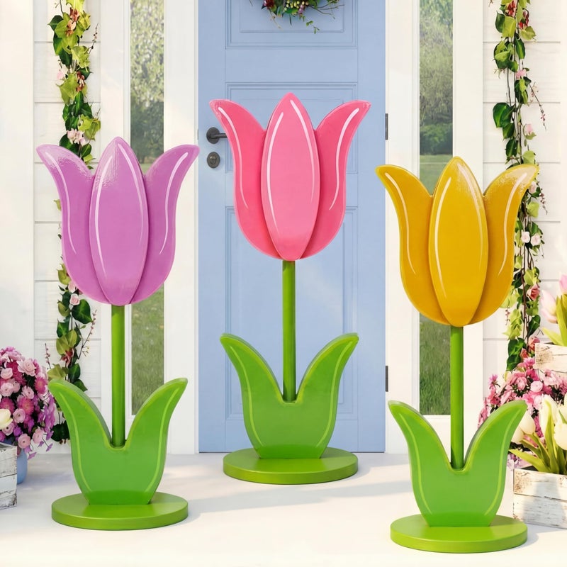 Vercraft 3 Pcs Large Spring Porch Decorations Wooden Tulip Yard Signs Outdoor Spring Decorations Tulip Flower Block Sign for Holiday Front Home Door Outdoor 1575 Inch - Image 2