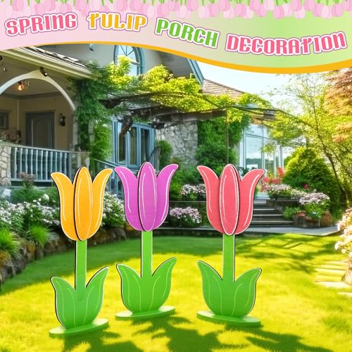 Vercraft 3 Pcs Large Spring Porch Decorations Wooden Tulip Yard Signs Outdoor Spring Decorations Tulip Flower Block Sign for Holiday Front Home Door Outdoor 1575 Inch - Image 3