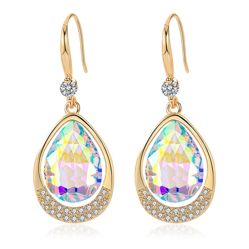 EVEVIC Austrian Crystal Halo Teardrop Hollow Drop Dangle Earrings for Women 14K Rose Gold Plated Hypoallergenic Jewelry (Aurora Borealis) - Image 1