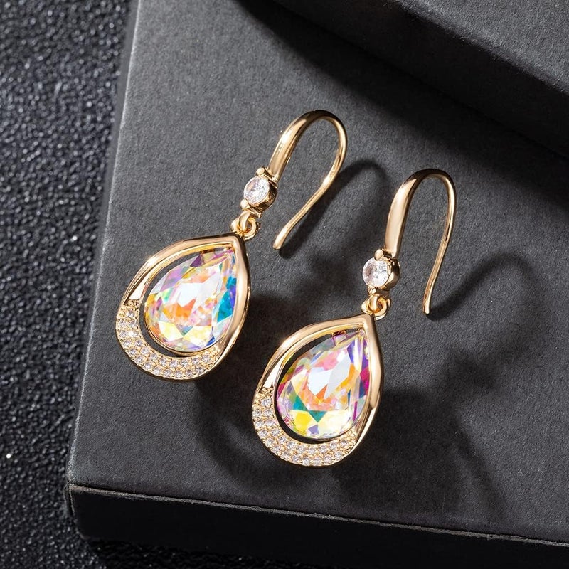 EVEVIC Austrian Crystal Halo Teardrop Hollow Drop Dangle Earrings for Women 14K Rose Gold Plated Hypoallergenic Jewelry (Aurora Borealis) - Image 5