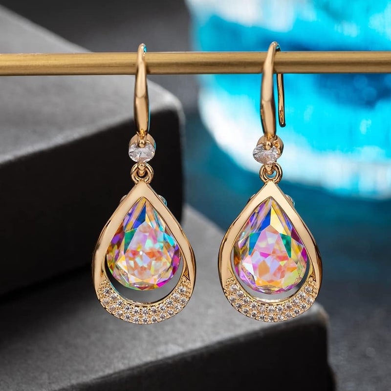 EVEVIC Austrian Crystal Halo Teardrop Hollow Drop Dangle Earrings for Women 14K Rose Gold Plated Hypoallergenic Jewelry (Aurora Borealis) - Image 3