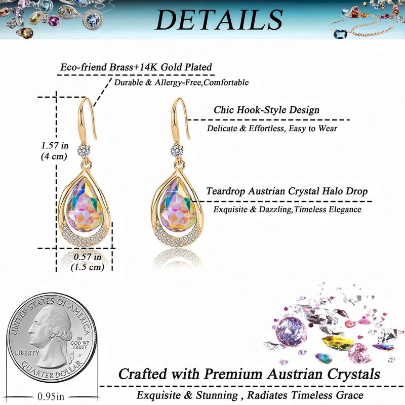 EVEVIC Austrian Crystal Halo Teardrop Hollow Drop Dangle Earrings for Women 14K Rose Gold Plated Hypoallergenic Jewelry (Aurora Borealis) - Image 4