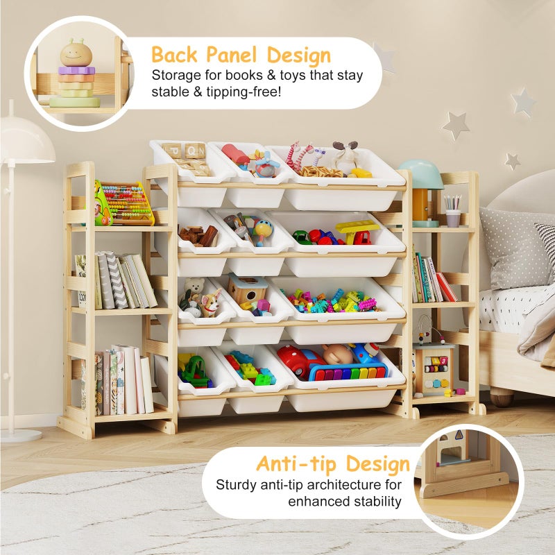 EXPERLAM Extra Large Toy Storage - Toy Storage Organizer, Wooden Toy Organizer with 6 Side Shelves and 12 Bins, 3-in-1 Bookshelf for Kids Rooms, Playroom, Nursery, White - Image 4