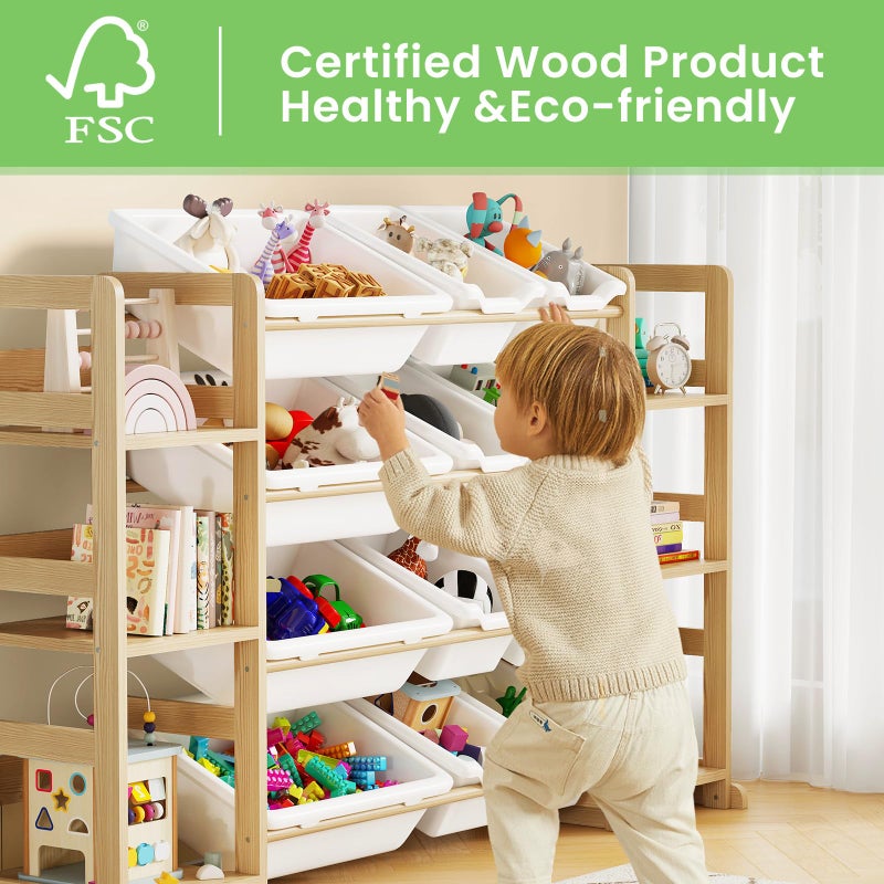 EXPERLAM Extra Large Toy Storage - Toy Storage Organizer, Wooden Toy Organizer with 6 Side Shelves and 12 Bins, 3-in-1 Bookshelf for Kids Rooms, Playroom, Nursery, White - Image 3