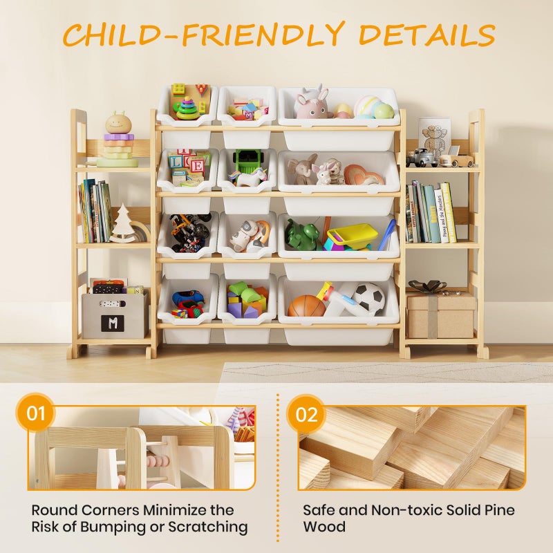 EXPERLAM Extra Large Toy Storage - Toy Storage Organizer, Wooden Toy Organizer with 6 Side Shelves and 12 Bins, 3-in-1 Bookshelf for Kids Rooms, Playroom, Nursery, White - Image 5
