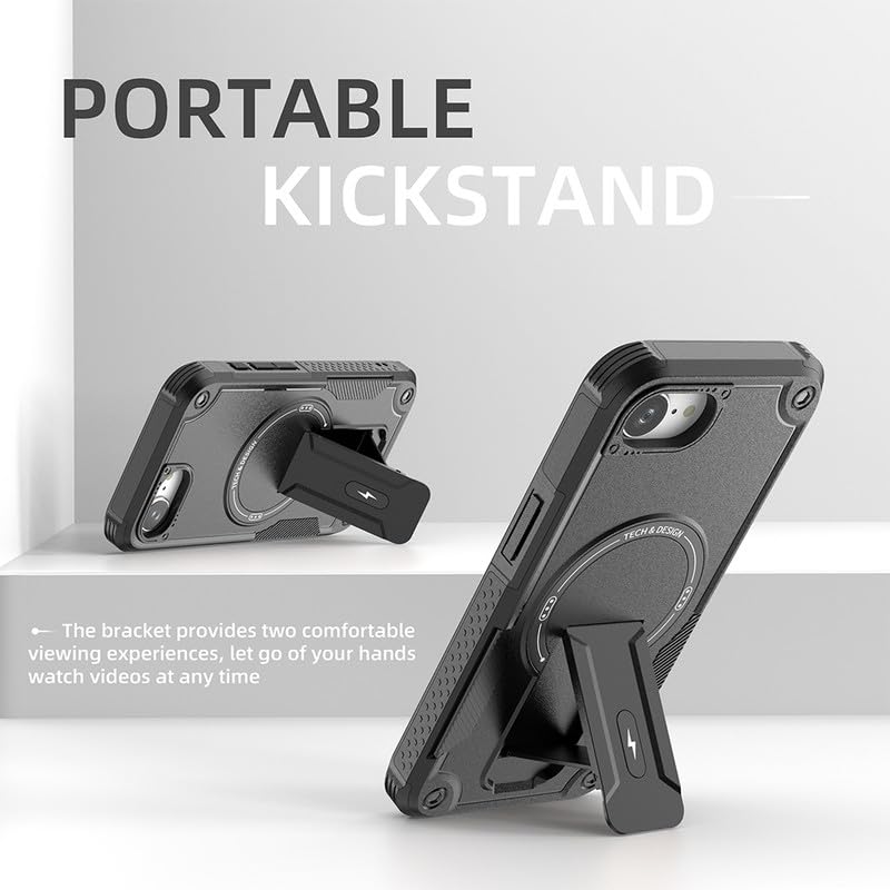 US LITE Back Cover for iPhone 16e with Portable Kickstand | Mag-Safe Compatible Magnetic Case | Shockproof Military Grade Protection | Extreme Protection Phone Cover – Black - Image 5