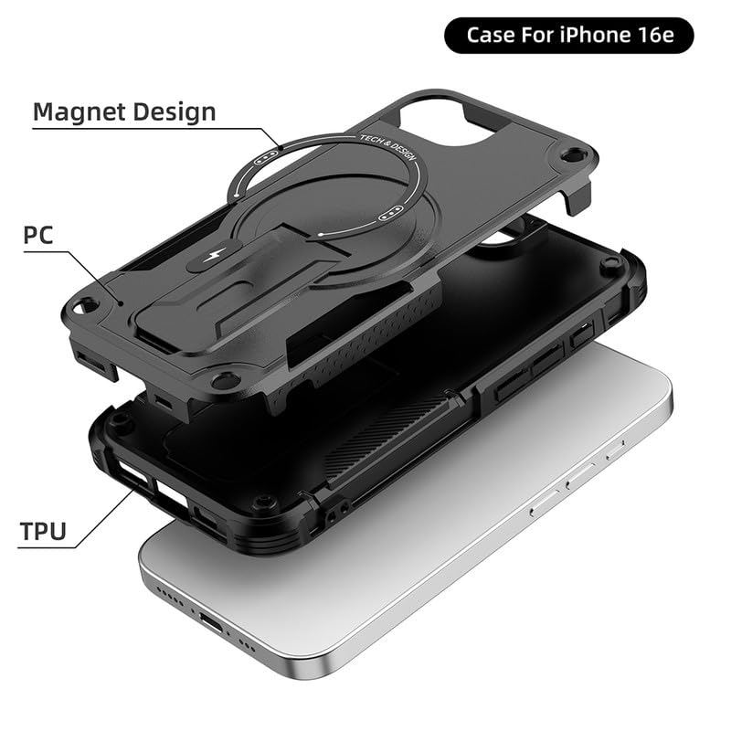 US LITE Back Cover for iPhone 16e with Portable Kickstand | Mag-Safe Compatible Magnetic Case | Shockproof Military Grade Protection | Extreme Protection Phone Cover – Black - Image 4