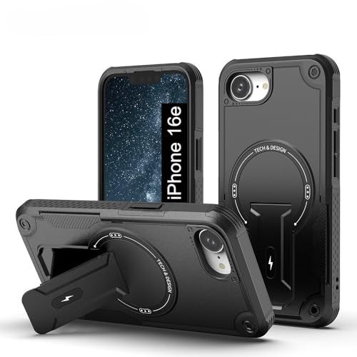 US LITE Back Cover for iPhone 16e with Portable Kickstand | Mag-Safe Compatible Magnetic Case | Shockproof Military Grade Protection | Extreme Protection Phone Cover – Black - Image 1