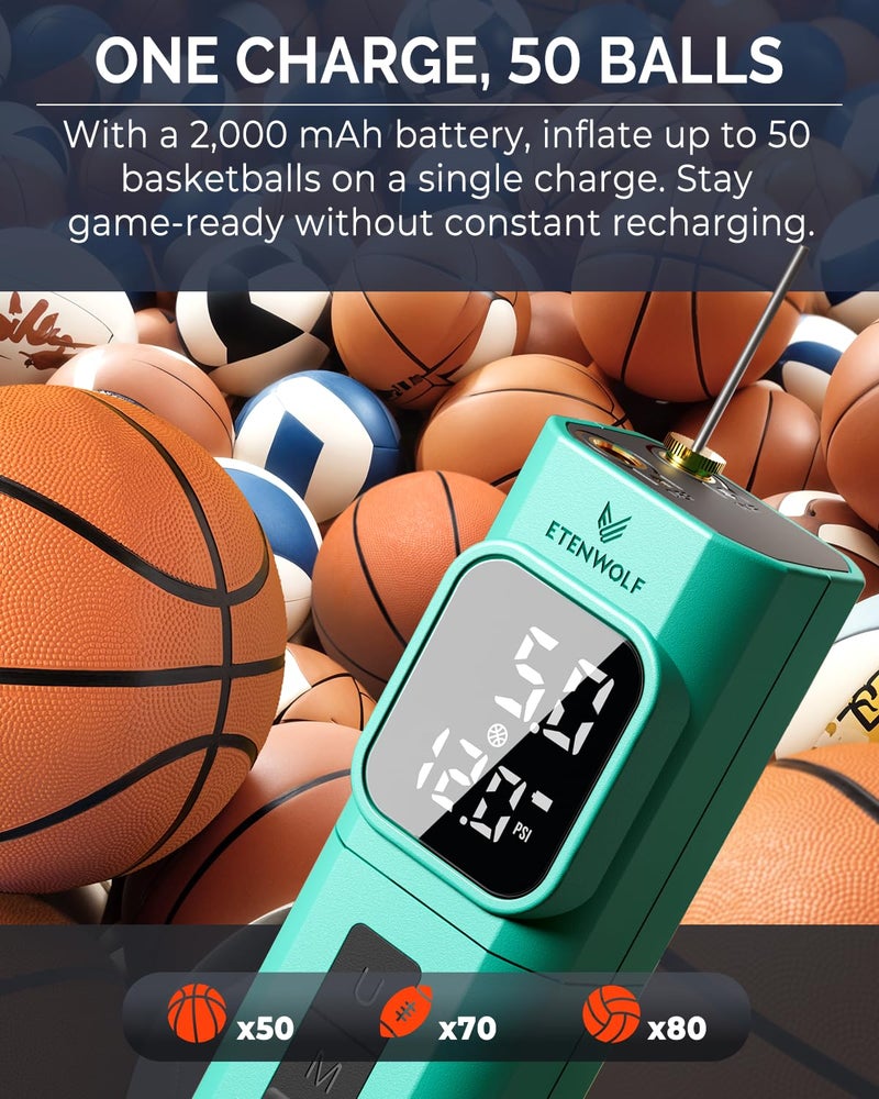 ETENWOLF P200 Electric Ball Pump 2000mAh Sports Air Pump with Digital Pressure Gauge for Basketball Soccer Volleyball (Dark Cyan) - Image 5