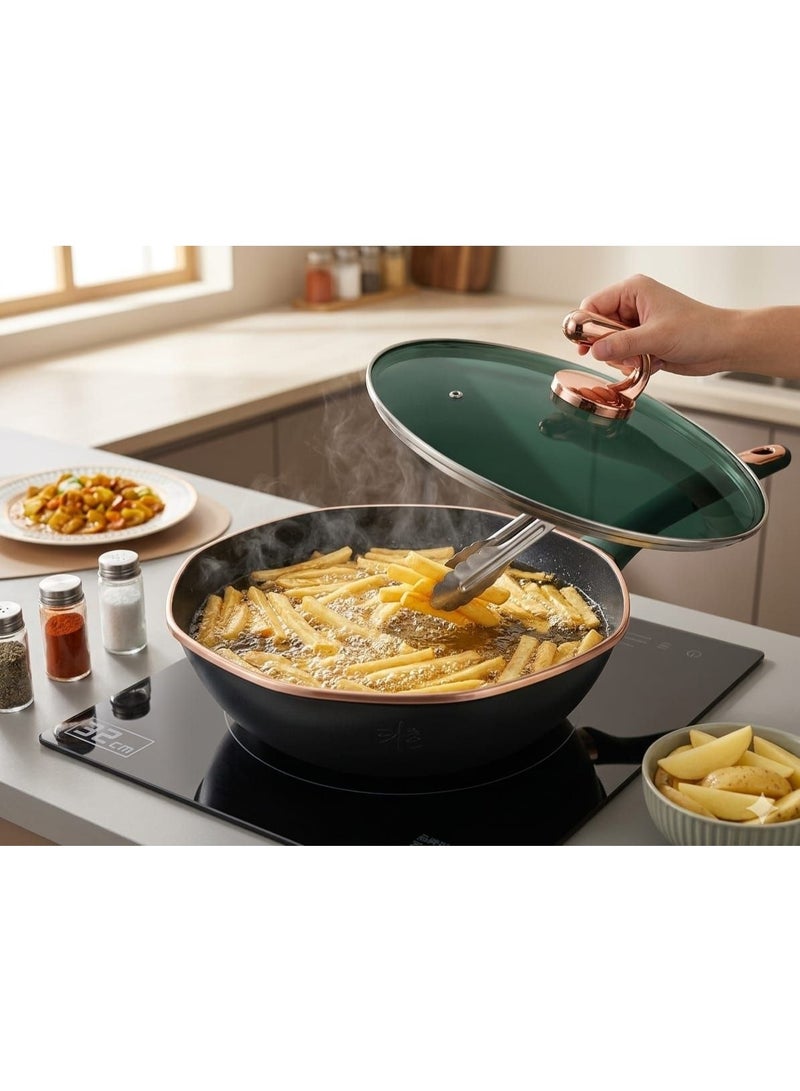 32cm Granite Wok with Glass Lid and Rose Gold Handle