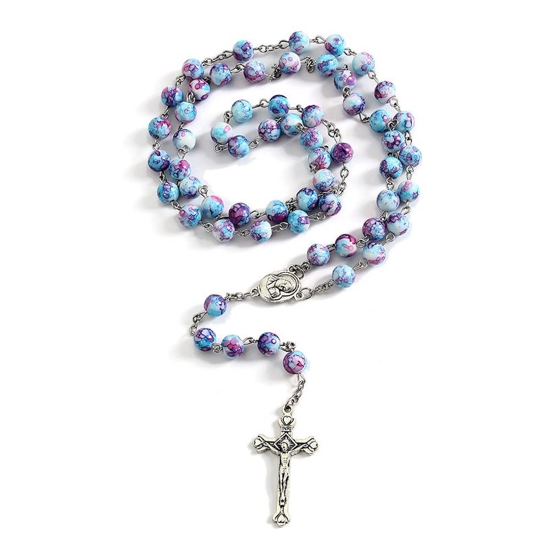 OEMOO Rosary Beads Catholic for Woman, Handmade Imitation Blue Purple Pearl Rosary Necklace, First Communion Gifts, Wall Crosses Christian Gifts Catholic Gifts - Image 1