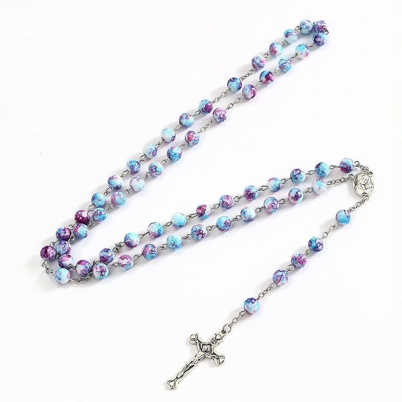OEMOO Rosary Beads Catholic for Woman, Handmade Imitation Blue Purple Pearl Rosary Necklace, First Communion Gifts, Wall Crosses Christian Gifts Catholic Gifts - Image 2