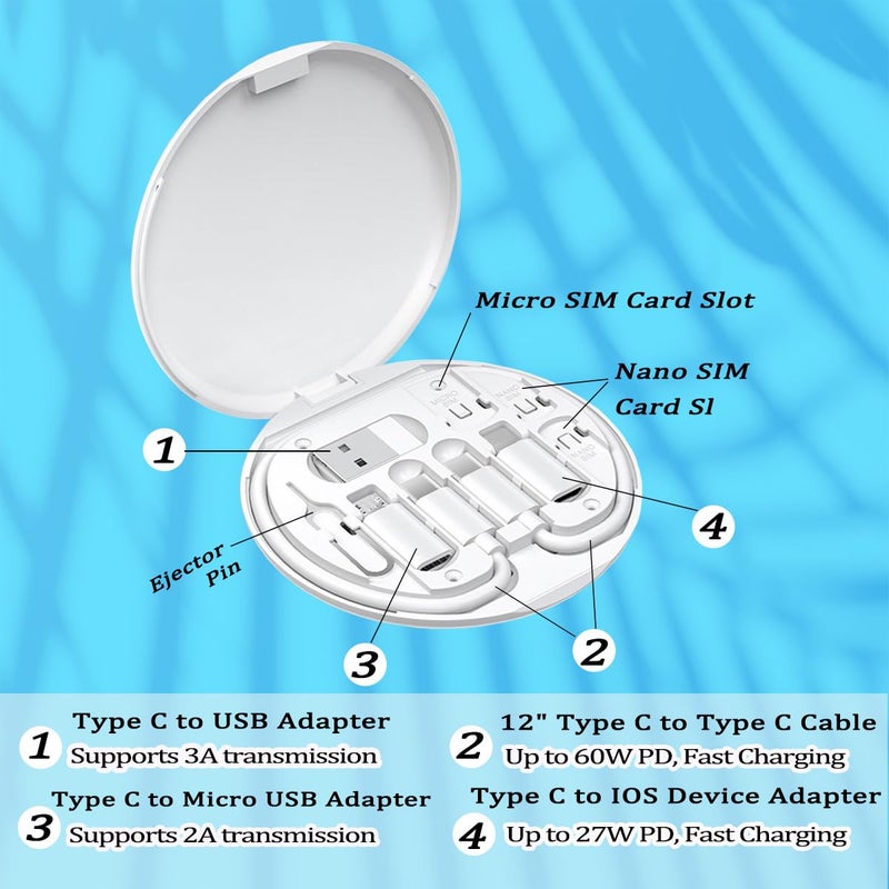 Azvegr Multi USB Charging Adapter Cable Kit, C to iOS Device Cable Box, Conversion Set USB A & Type C to Male Micro/Type C/iOS Device, Data Transfer, Card Storage, Tray Eject Pin, Phone Holder (White) - Image 3