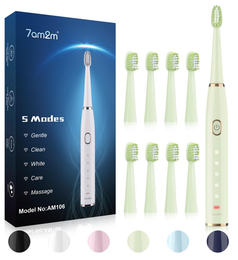 7AM2M Sonic Electric Toothbrush for Adults and Kids- High Power Rechargeable Toothbrushes with 8 Brush Heads,5 Adjustable Modes, Built-in 2-Minute Smart Timer,4 Hours Fast Charge for 30 DaysGreen - Image 1