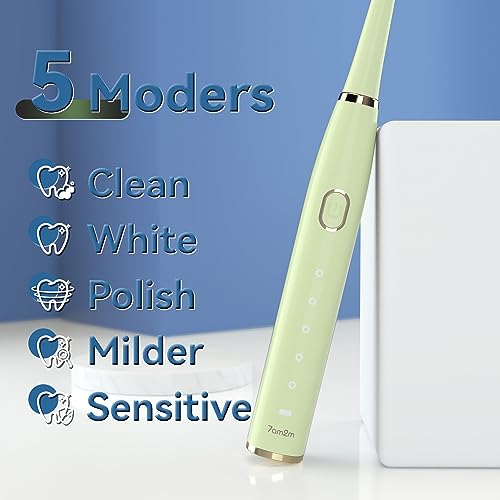7AM2M Sonic Electric Toothbrush for Adults and Kids- High Power Rechargeable Toothbrushes with 8 Brush Heads,5 Adjustable Modes, Built-in 2-Minute Smart Timer,4 Hours Fast Charge for 30 DaysGreen - Image 3