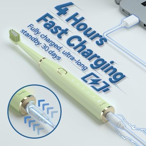 7AM2M Sonic Electric Toothbrush for Adults and Kids- High Power Rechargeable Toothbrushes with 8 Brush Heads,5 Adjustable Modes, Built-in 2-Minute Smart Timer,4 Hours Fast Charge for 30 DaysGreen - Image 4