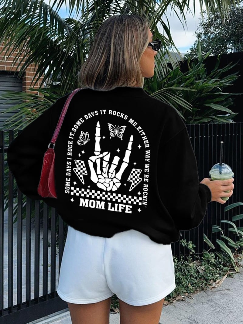 YHHR Mama Sweatshirts Mom Life Crewneck Sweatshirts Funny Mama Halloween Skeleton Rocker Graphic Sweatshirts Pullover Top Black - Image 2