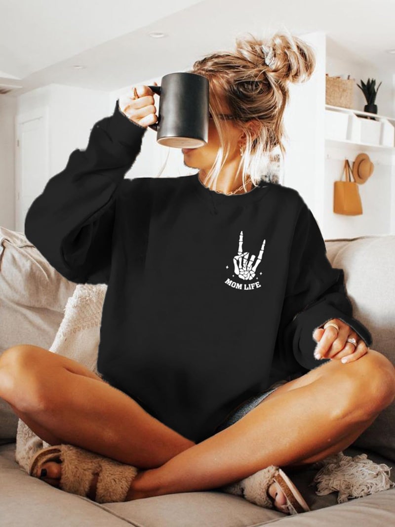 YHHR Mama Sweatshirts Mom Life Crewneck Sweatshirts Funny Mama Halloween Skeleton Rocker Graphic Sweatshirts Pullover Top Black - Image 3