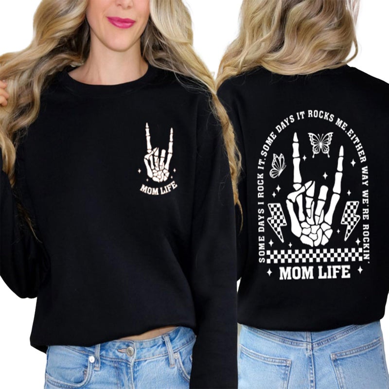 YHHR Mama Sweatshirts Mom Life Crewneck Sweatshirts Funny Mama Halloween Skeleton Rocker Graphic Sweatshirts Pullover Top Black - Image 1