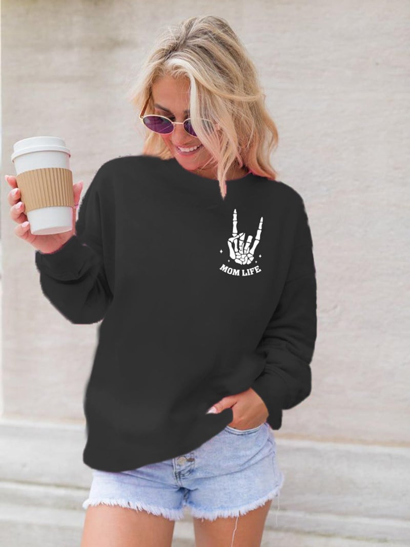 YHHR Mama Sweatshirts Mom Life Crewneck Sweatshirts Funny Mama Halloween Skeleton Rocker Graphic Sweatshirts Pullover Top Black - Image 4