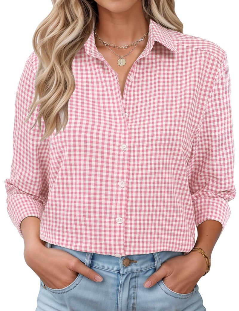 LOMON Womens Long Sleeve Blouses Summer V Neck Button Down Shirts Everyday Cotton Plaid Tops Pink and White Plaid XL - Image 1