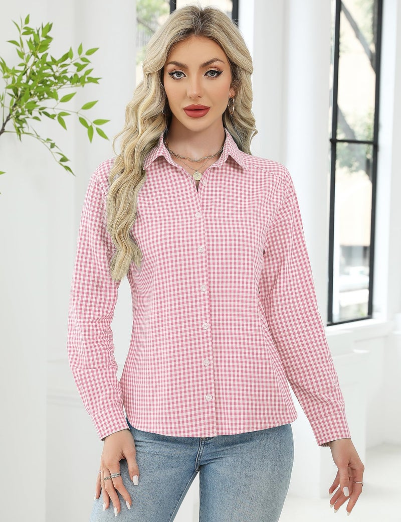 LOMON Womens Long Sleeve Blouses Summer V Neck Button Down Shirts Everyday Cotton Plaid Tops Pink and White Plaid XL - Image 3