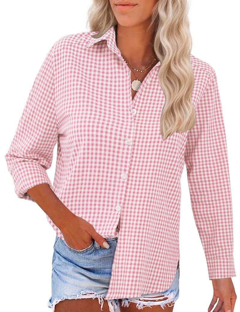 LOMON Womens Long Sleeve Blouses Summer V Neck Button Down Shirts Everyday Cotton Plaid Tops Pink and White Plaid XL - Image 2