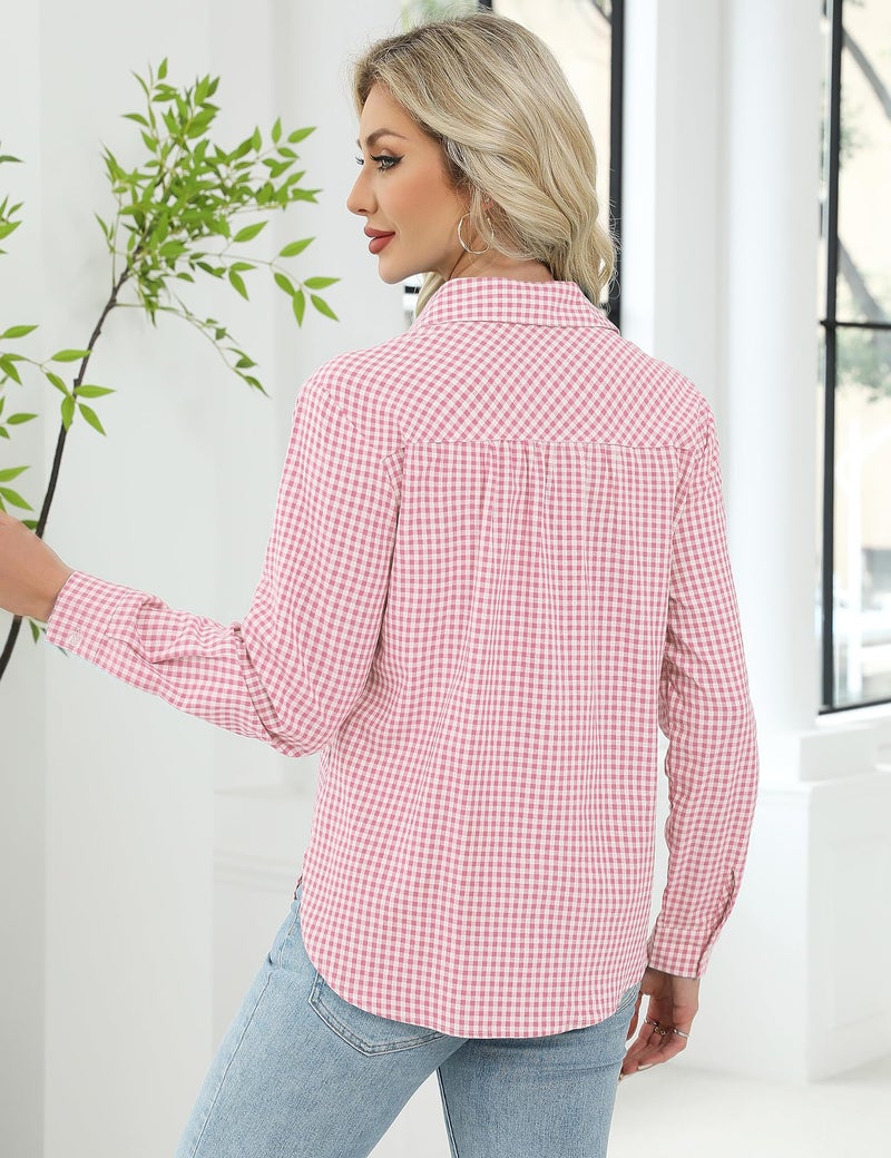 LOMON Womens Long Sleeve Blouses Summer V Neck Button Down Shirts Everyday Cotton Plaid Tops Pink and White Plaid XL - Image 5