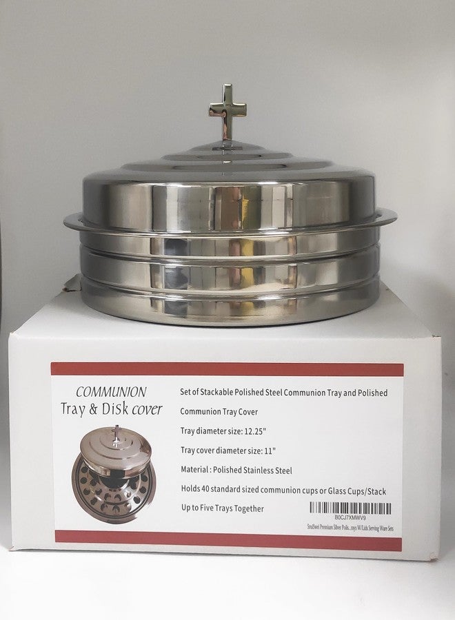 SruiSwei Premium Silver Polished Steel Communion Tray W/Cover for Church Service,Stackable Communion Serving Tray and Cover for Communion Cups,Church Communion Trays W/Lids Serving Ware Sets - Image 1